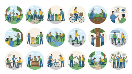 Naklejka premium Sustainable living concept, eco-friendly lifestyle illustrations, recycling, nature, renewable energy