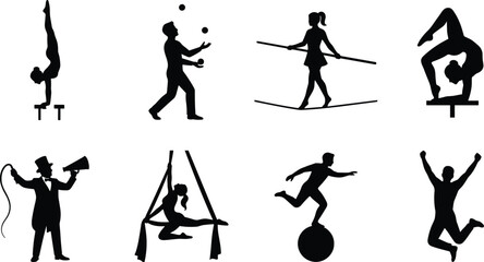 Circus Performer Silhouettes Set with Acrobat Juggler Tightrope Walker and Aerial Artists © MDRAKIB