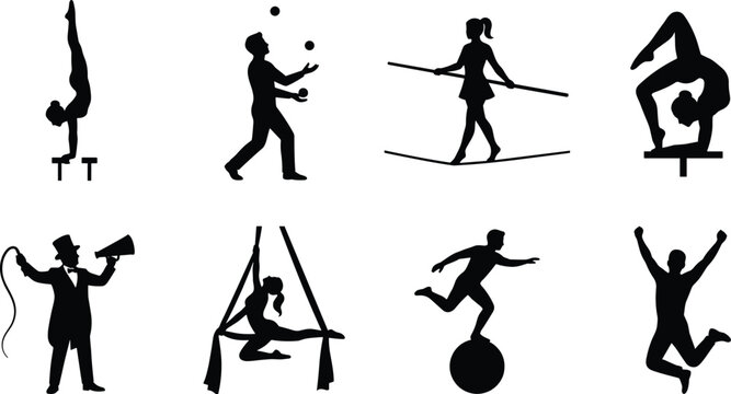 Circus Performer Silhouettes Set with Acrobat Juggler Tightrope Walker and Aerial Artists