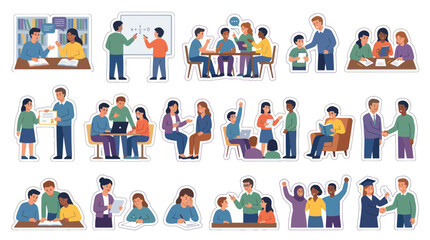 Fototapeta premium Education and Learning Flat Vector Illustration Set: Diverse Student and Teacher Scenes for School and University