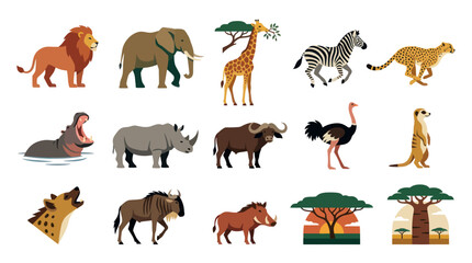 Obraz premium African Safari Wildlife Animals and Landscape Elements Flat Cartoon Vector Icons Set