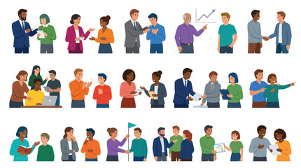 Fototapeta premium Business Communication and Teamwork Flat Vector Illustration Set with Diverse Professionals