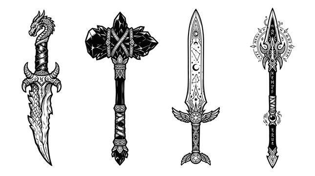 Fantasy Weapons Set: Dagger, Hammer, Sword, Spear