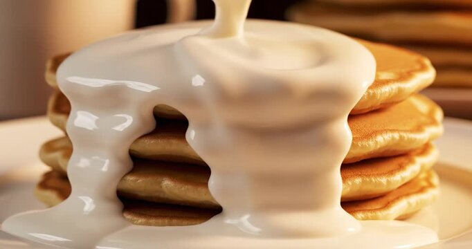 Stack of fluffy pancakes with syrup cascading down, served on a white plate, cozy kitchen background