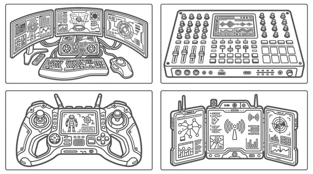 Futuristic Tech Gadgets: Gaming Setup, DJ Mixer, Drone Remote, Sci-Fi Device