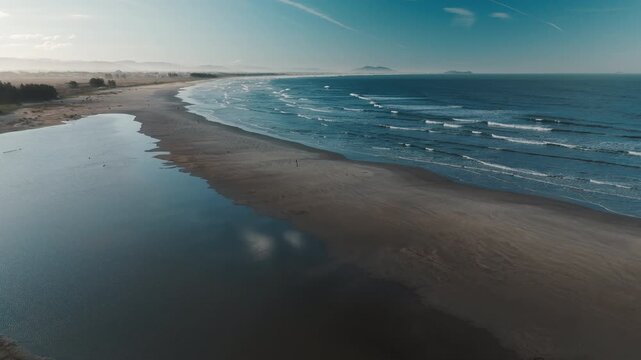 Aerial view of the empty wide sandy beach on the south of Santa Catarina state in Brazil