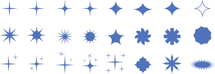 Blue star sparkle icon set with twinkle, glitter and shine shapes, flat vector illustration collection for night sky design, magic effect and decorative pattern template. © Parul
