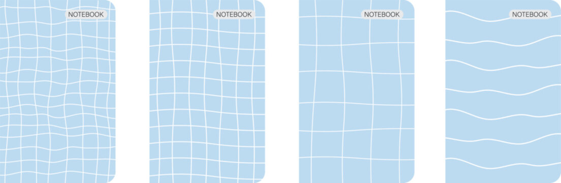 Blue notebook cover template set with wavy grid and checkered line pattern, abstract distorted texture design for journal, diary planner and book cover collection.