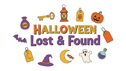 Naklejka premium Halloween Lost and Found Concept Art: A charming illustration featuring Halloween icons like a pumpkin, ghost, witch hat, and bat, forming a playful Halloween Lost & Found message.