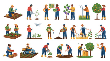 Fototapeta premium Flat Style Farmers Farming Diverse Crops And Animals With Technology