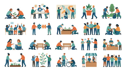Naklejka premium Diverse People Together Volunteering, Gardening, Building, Teaching, Community Activity Flat Art