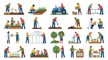Naklejka premium Flat illustration of farmers and garden work, agriculture and healthy food