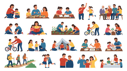 Fototapeta premium Happy Family Activities Flat Vector Illustration Set: Parents, Children, Grandparents Bonding, Learning Playing
