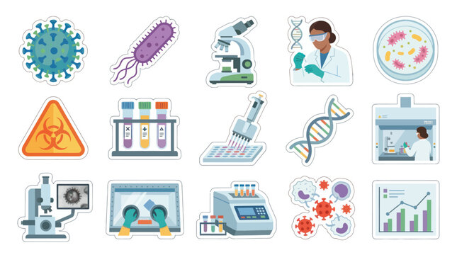 Flat Vector Medical Science  Biotechnology Icons Set. Laboratory Research, Virus, DNA, and Scientist Stickers.