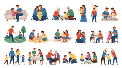 Fototapeta premium Happy Family Lifestyle Flat Vector Illustration Set: Parents, Children, Grandparents Bonding Activities