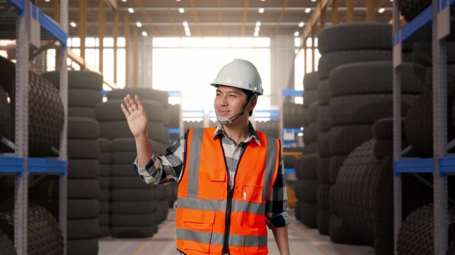 Front View of Asian Male Engineer Waving Hand Saying Bye While Walking at Tire Warehouse Interior with Industrial Shelving Racks