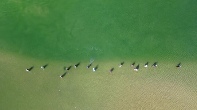 Fishing with dolphins, authentic fishing tradition in Brazil. Aerial view of the group of fishermen collaborating and fishing together with dolphin