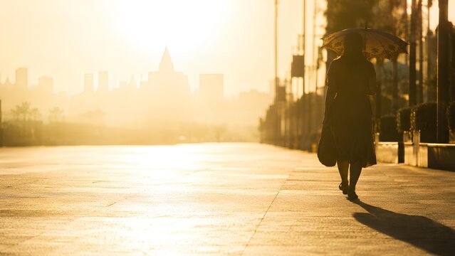 朝日に照らされた都会の遊歩道を歩く傘を差した女性 / Woman walking with umbrella on sunlit city walkway at morning (Generative AI)