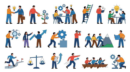 Fototapeta premium Flat Vector Business Concepts Illustration Set with Diverse People, Lightbulbs, Gears, and Growth Symbols