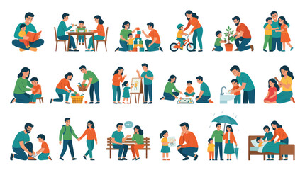 Fototapeta premium Flat Vector Icons of Family Activities, Parenting, Childhood, Togetherness