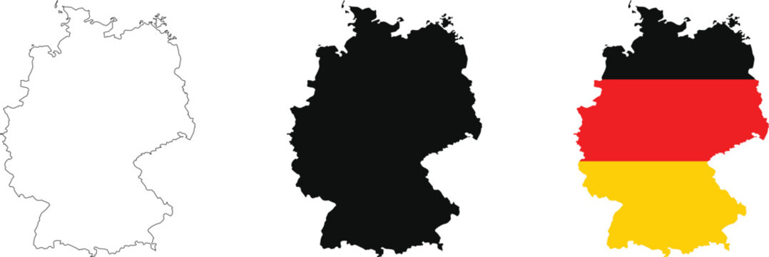 Germany map silhouette illustration. Geographic outline, black shape, and national flag design for education, travel, and location-based marketing visuals. Clean vector concept.