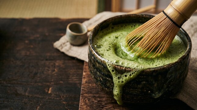 Matcha tea whisking, frothy green drink concept