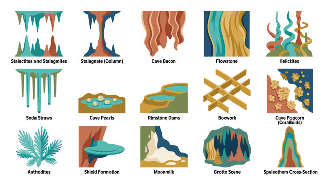 Cave Formations Icons: Stalactites, Flowstone, Geodes  More - Flat Vector Art