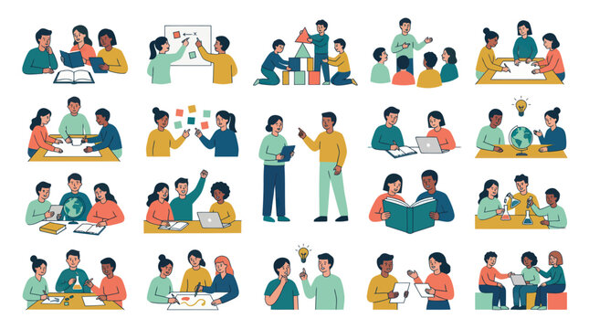 Education Concept Flat Illustration with Diverse Students and Teachers Learning, Studying, and Collaborating