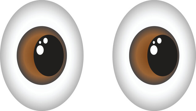 Cute cartoon eyes icon pair with glossy brown pupils isolated on light background. Expressive mascot style illustration featuring large eyeballs and reflective highlights. Fun character design element