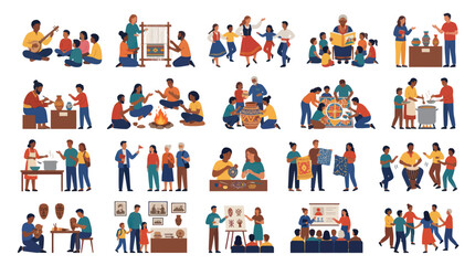 Fototapeta premium Cultural Heritage Traditional Arts Education Flat Vector Illustration. People Learning Crafts, Music, Culture