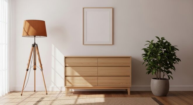 Modern minimalist living room corner with wooden dresser and tripod lamp