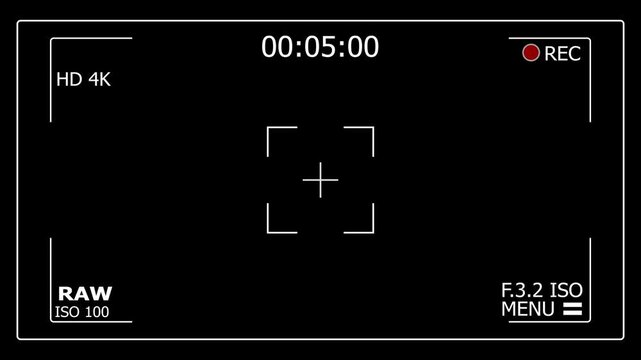 Digital camera video recording interface overlay with 4K resolution and timecode viewfinder screen monitor rectangle indicator viewfinder screen monitor rectangle indicator