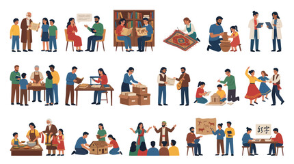 Fototapeta premium Diverse people learning, playing, and creating in a vibrant, flat illustration style.