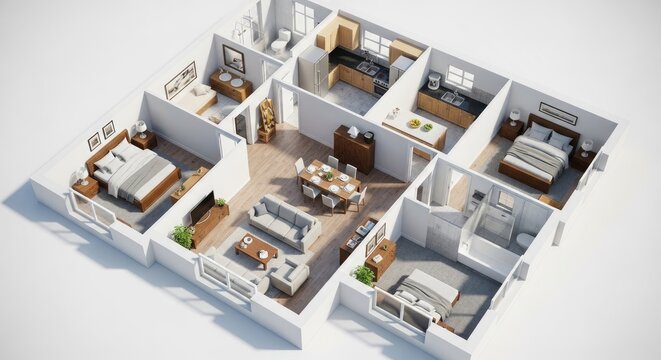 Architectural 3 d render of a modern home interior with furnishings