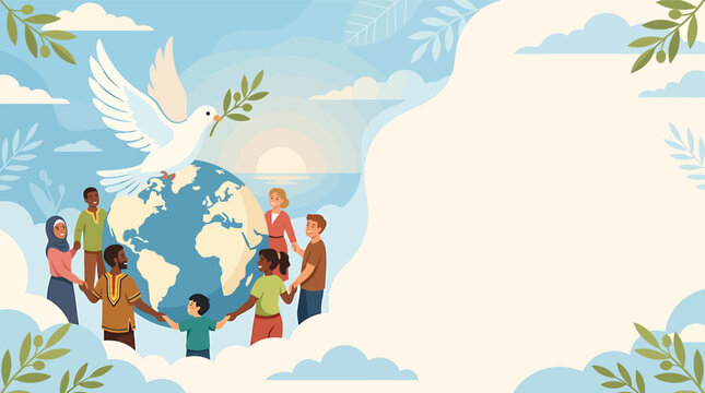 Diverse People Holding Hands Around Earth with Peace Dove Illustration