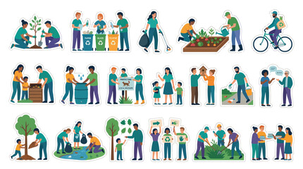 Fototapeta premium Diverse People in Flat Style Engaged in Eco-Friendly Activities like Recycling and Gardening