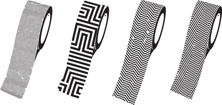 Four rolls of decorative tape featuring intricate geometric patterns in a black and white repeating patterns
