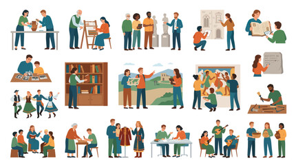 Fototapeta premium Flat Illustration Vector of People Engaged in Cultural, Arts, Education, and Creative Hobbies Activities