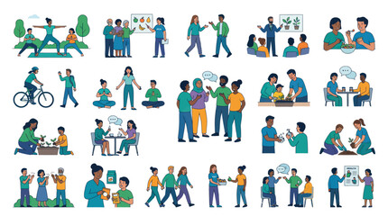 Fototapeta premium Diverse Community Health and Wellness Flat Vector Illustrations: People Practicing Healthy Lifestyle Habits
