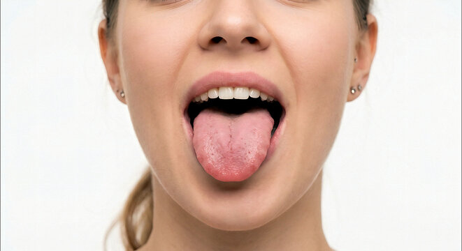 Close-up view of a woman sticking out her tongue for medical examination of oral health and hygiene