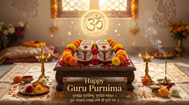 Guru purnima sacred paduka worship illustration with om symbol flowers and diya representing devotion respect and spirituality for greeting banner poster background design 