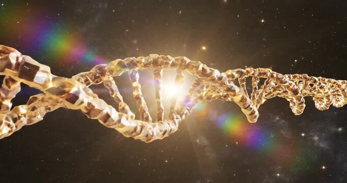 Stunning 3D representation of a golden DNA double helix spiraling through a cosmic space backdrop
