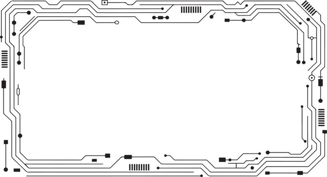 Futuristic digital circuit board frame with intricate lines and nodes creating a technological border on a white background