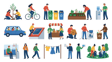 Fototapeta premium Flat Vector Illustrations of Sustainable Living Eco-Friendly Lifestyle Actions. Environment Protection Niche Set.