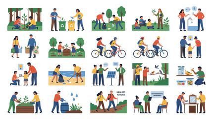 Fototapeta premium Eco-friendly activities: people planting, recycling, biking, teaching, saving water