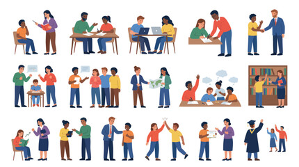 Fototapeta premium Flat Vector Education and Mentorship Illustration with Diverse Students, Teachers, and Learning Activities