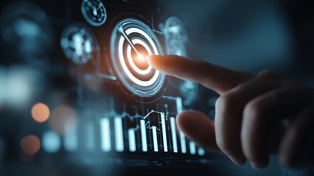 Digital marketing dashboard with glowing analytics and target icons