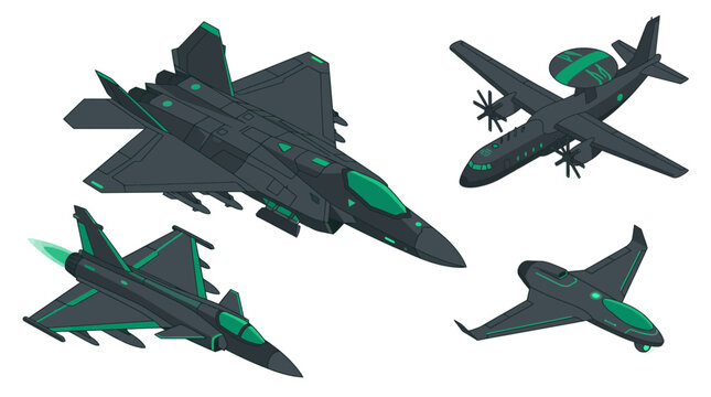 Isometric futuristic military aircraft vector illustration set, modern stealth fighter jet, AWACS radar plane, and drone icons isolated on white background.