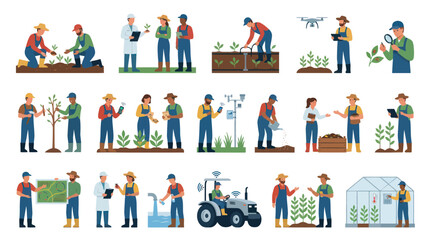 Fototapeta premium Modern Farming Technology: Farmers using drone, tractor, tablet, and greenhouse