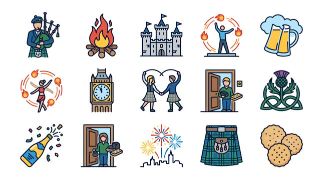 Colorful Scottish Festival Icons with Fire and Music